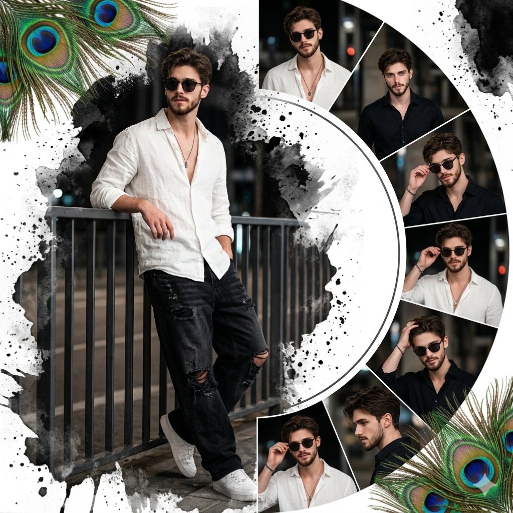 South Asian man leans on railing in urban night fashion collage