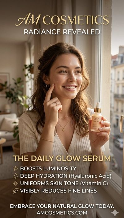 Glowing woman holds serum bottle in sunlit cozy apartment