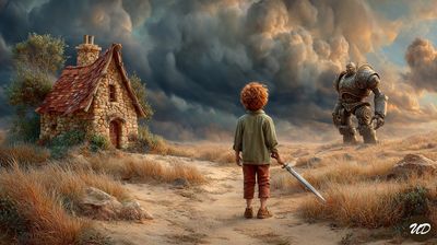 Red-Haired Boy Faces Robot in Moody Countryside