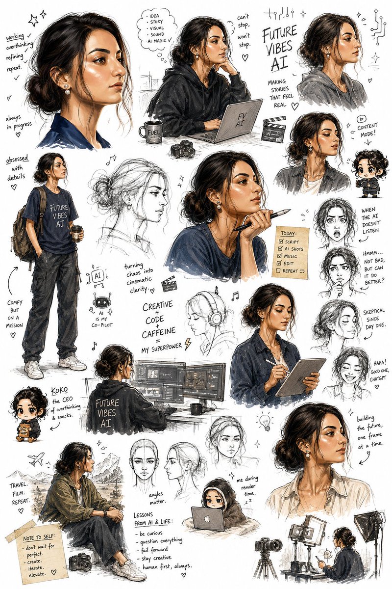 A sketchbook page of an analytical engineer in relaxed streetwear.