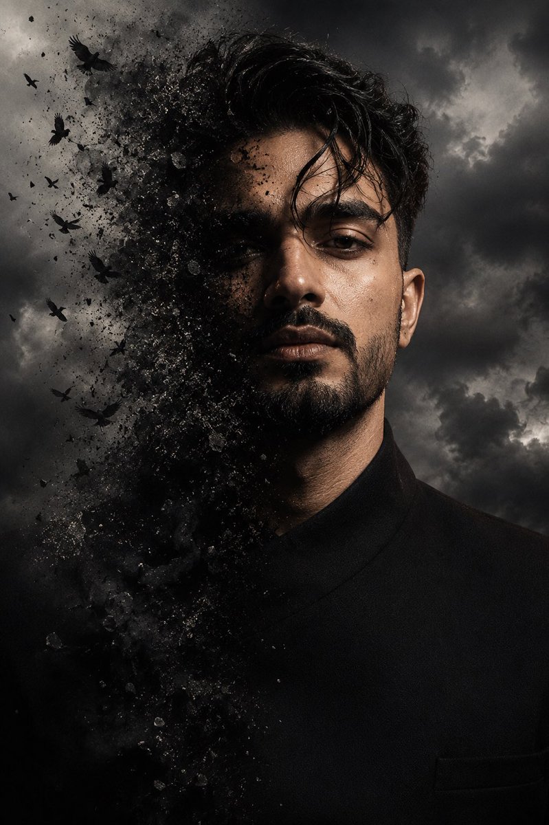 A man's face dissolves into dark birds and smoke fragments