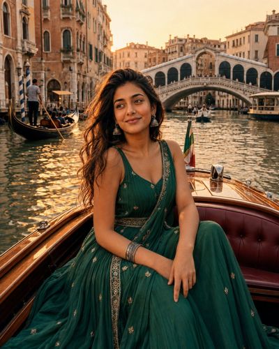 Indian woman in emerald gown glides through Venetian canal at sunset