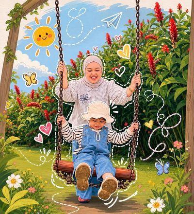 Mother gently pushes child on swing in magical garden