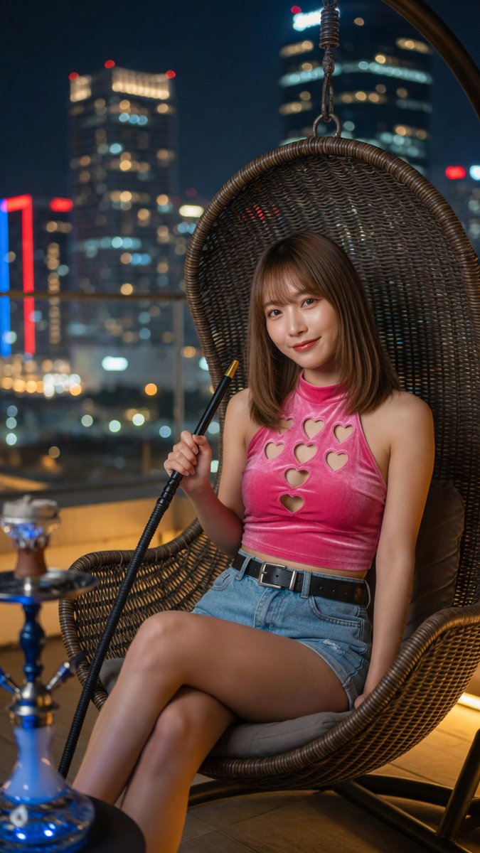 Young woman in pink cutout top relaxes in hanging egg chair at night