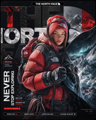 Fearless explorer holds North Face gear amid an icy storm