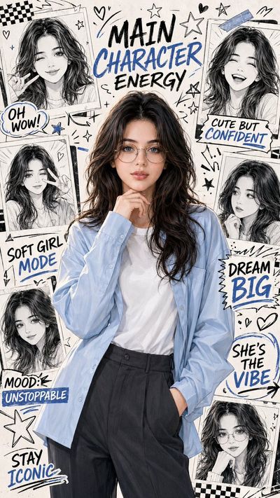 A confident young woman poses in a stylish blue shirt
