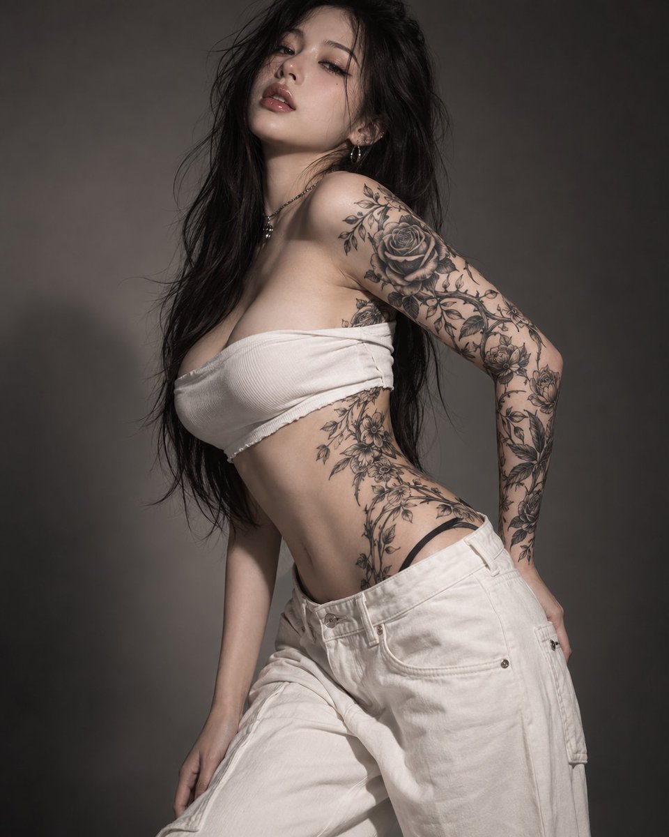 Sensual tattooed woman poses with arched back and half-closed eyes