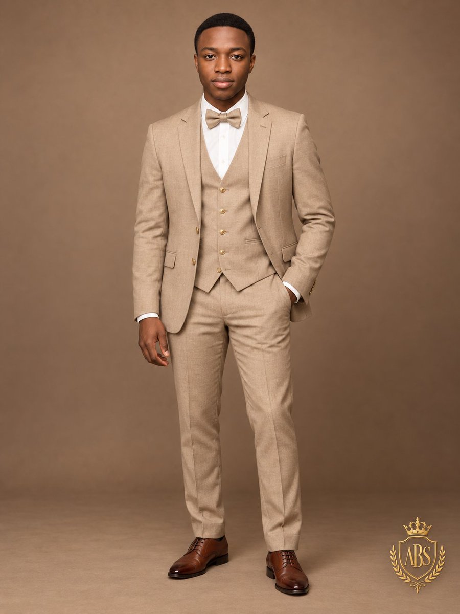 Stylish man in beige suit poses confidently in studio portrait