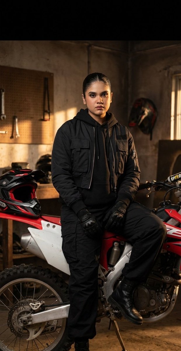 Confident woman sits sideways on dirt bike in rustic garage