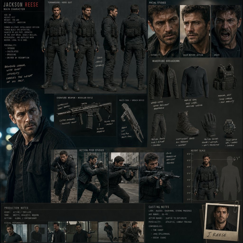 A weathered action hero prepares for battle in tactical gear
