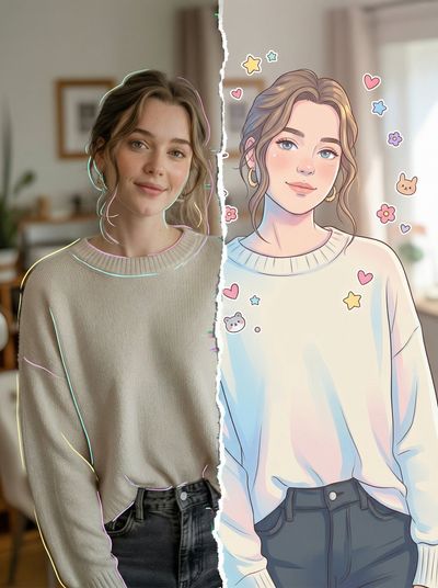 Dual Realities: Hyper-Realism Meets Digital Charm in 8K Split Portrait