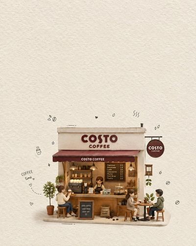 Cozy miniature coffee shop diorama on textured paper with tiny barista