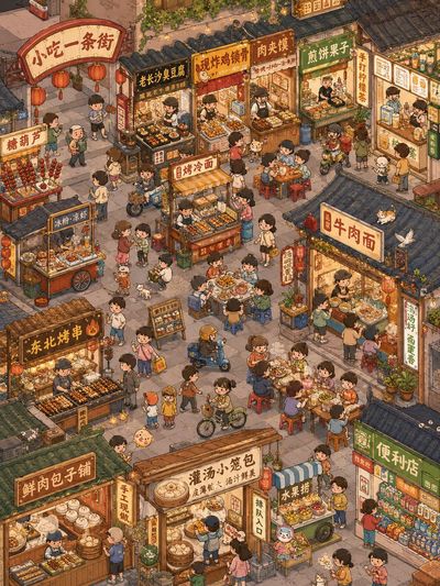 Vibrant Isometric Illustration of a Chinese Street Food Alley
