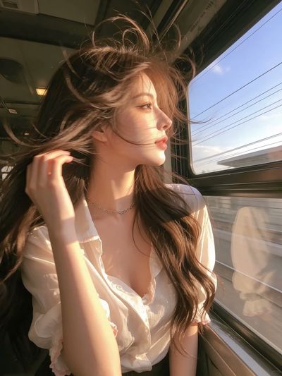 Golden hour sunlight illuminates a woman's face on a train, hair blowing.
