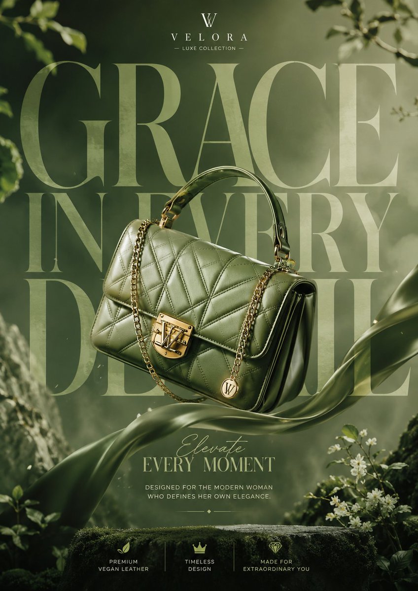 A green luxury handbag floats gracefully in a cinematic scene