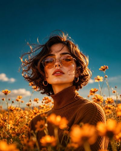 Woman in brown stands in golden field under teal sky