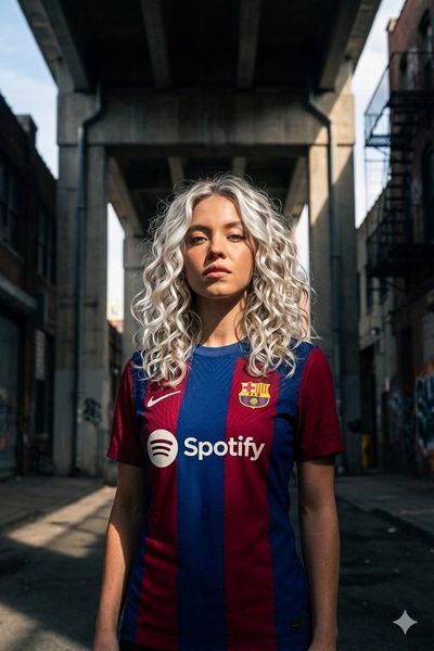 Young footballer stands confident in sunlit warehouse with gold striped jersey