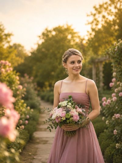 A bride in dusty rose holds pink roses at golden hour