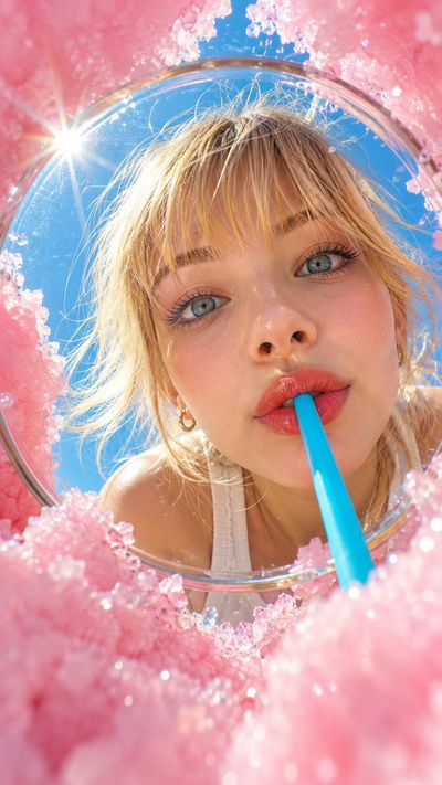 Playful Woman Peers Through Round Glass Amid Pink Cotton Candy Clouds