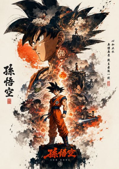 A hero's face towers above his full figure in layered clouds