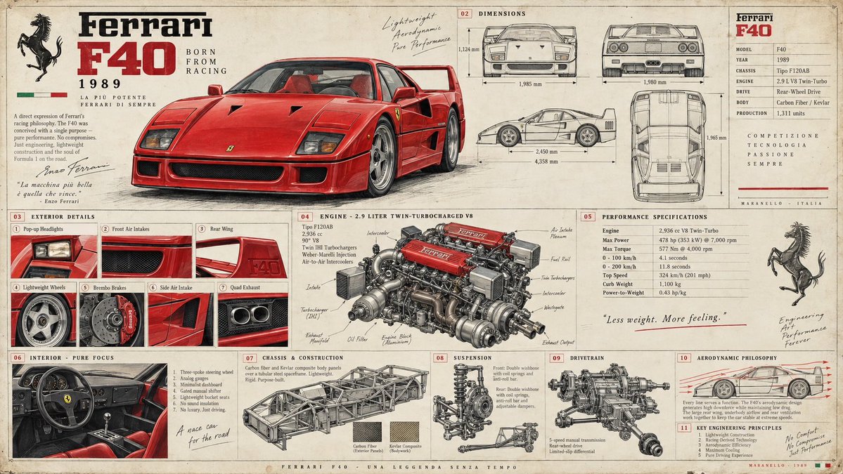 Four Legendary Supercars Shine in Vintage Factory Engineering Poster