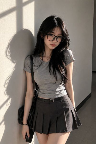 A young woman in glasses leans against a light-gray wall.