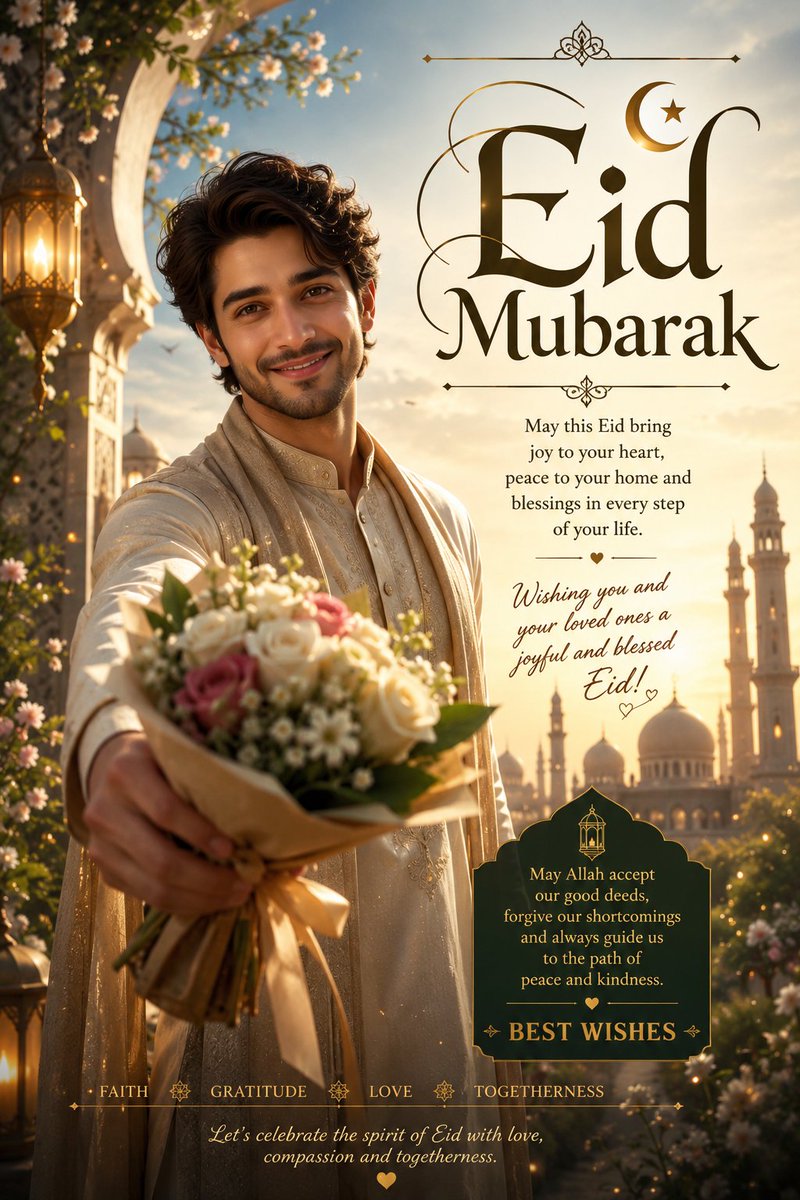 A smiling man offers a flower in a glowing Eid greeting poster