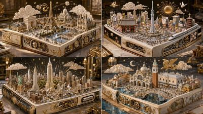Four global cities emerge as luxury atlas objects on a ceremonial book