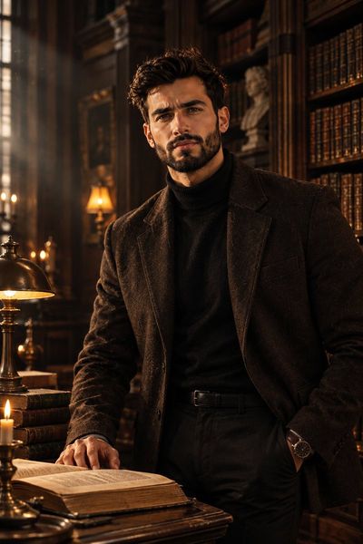 Young man in dark blazer stands in grand library with open book