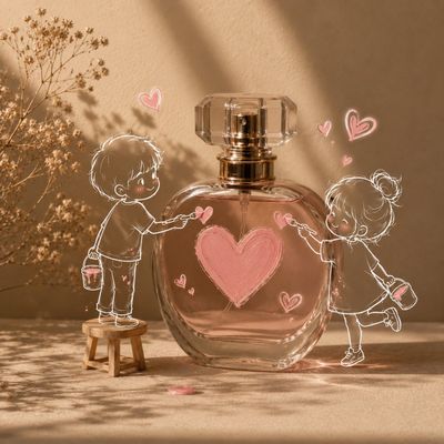 Beige studio scene with sketch character hugging a minimalist product