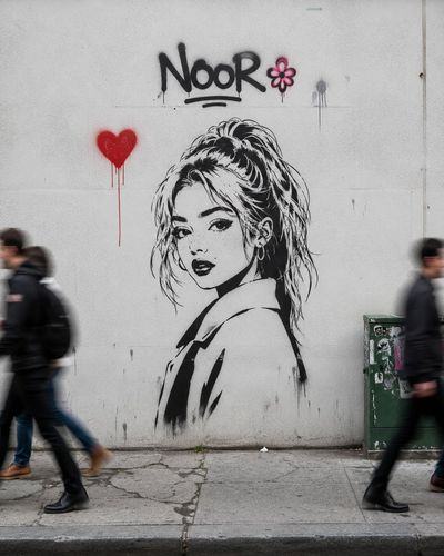 Blonde woman's stencil mural graces a weathered city wall
