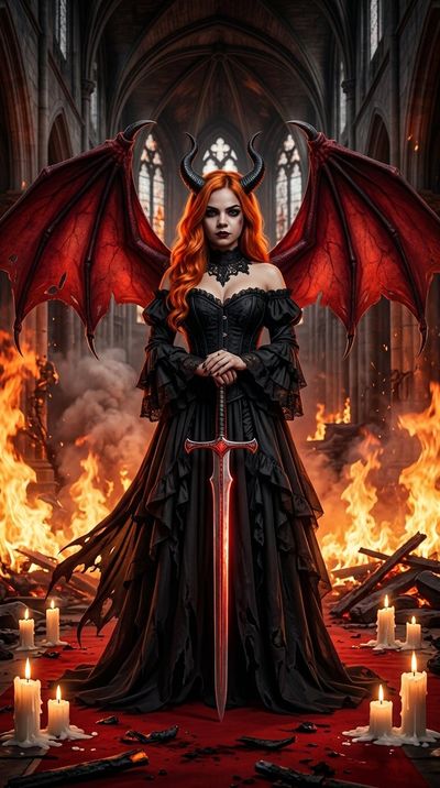 Demon Queen Stands Amid Burning Cathedral with Glowing Sword