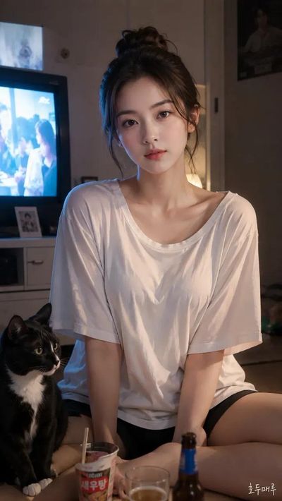 Woman in messy bun sits with tuxedo cat in cozy apartment