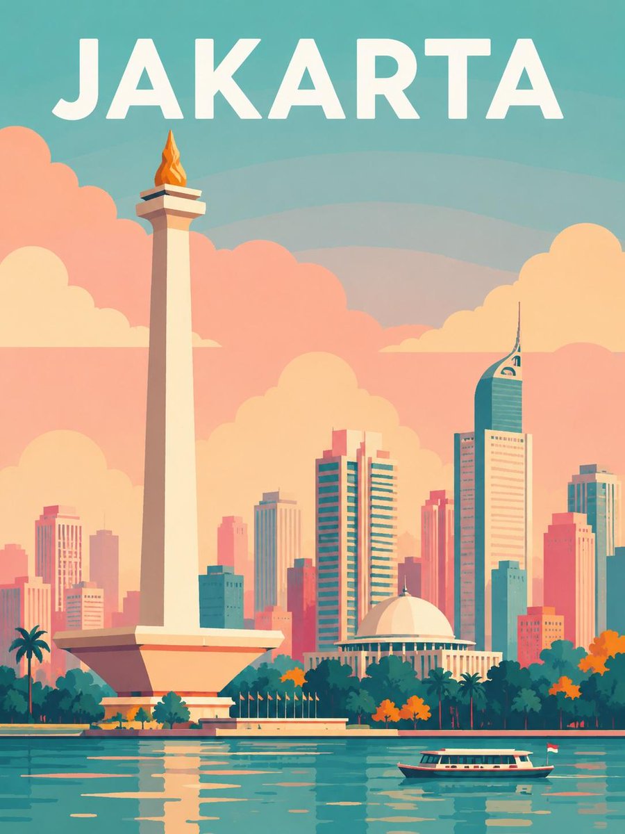 Vintage Jakarta poster glows with peach clouds and turquoise sky