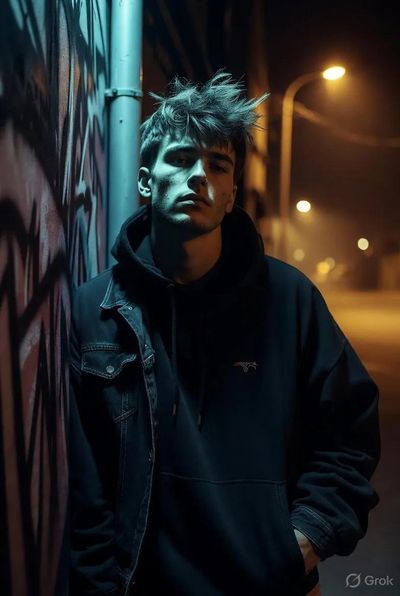 A young man stands beneath a dim streetlight in a foggy alley
