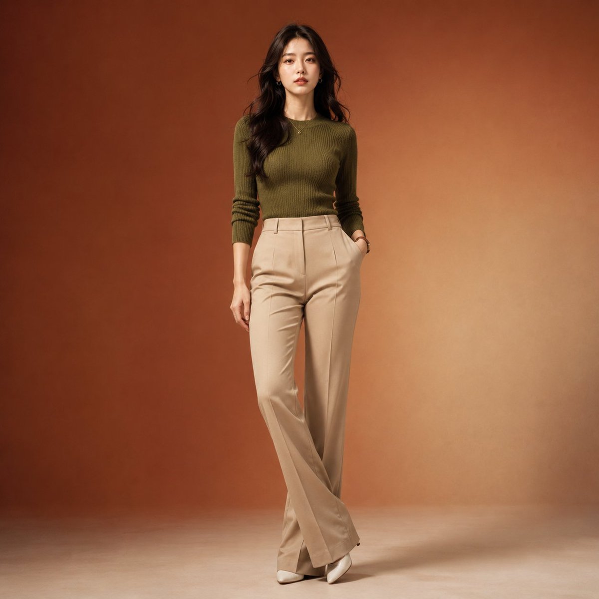 Korean model strikes elegant pose in luxury studio lighting