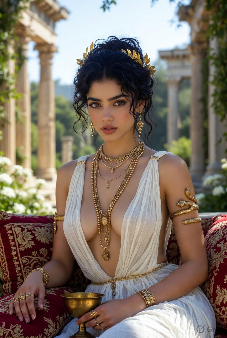 An Indian queen in a golden crown sits amid ancient ruins