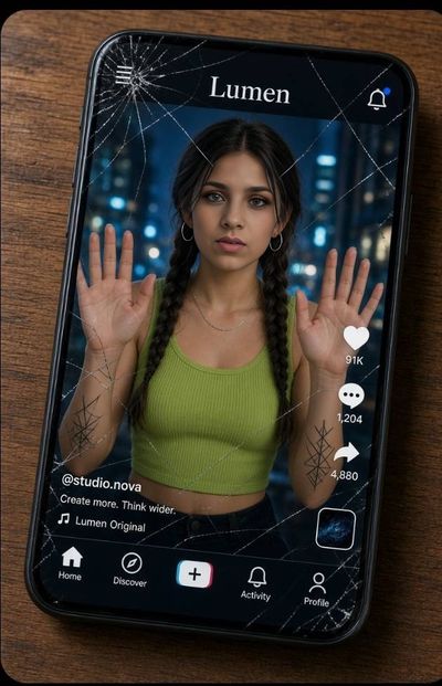 Trapped Woman Presses Hands Against Cracked Smartphone Screen