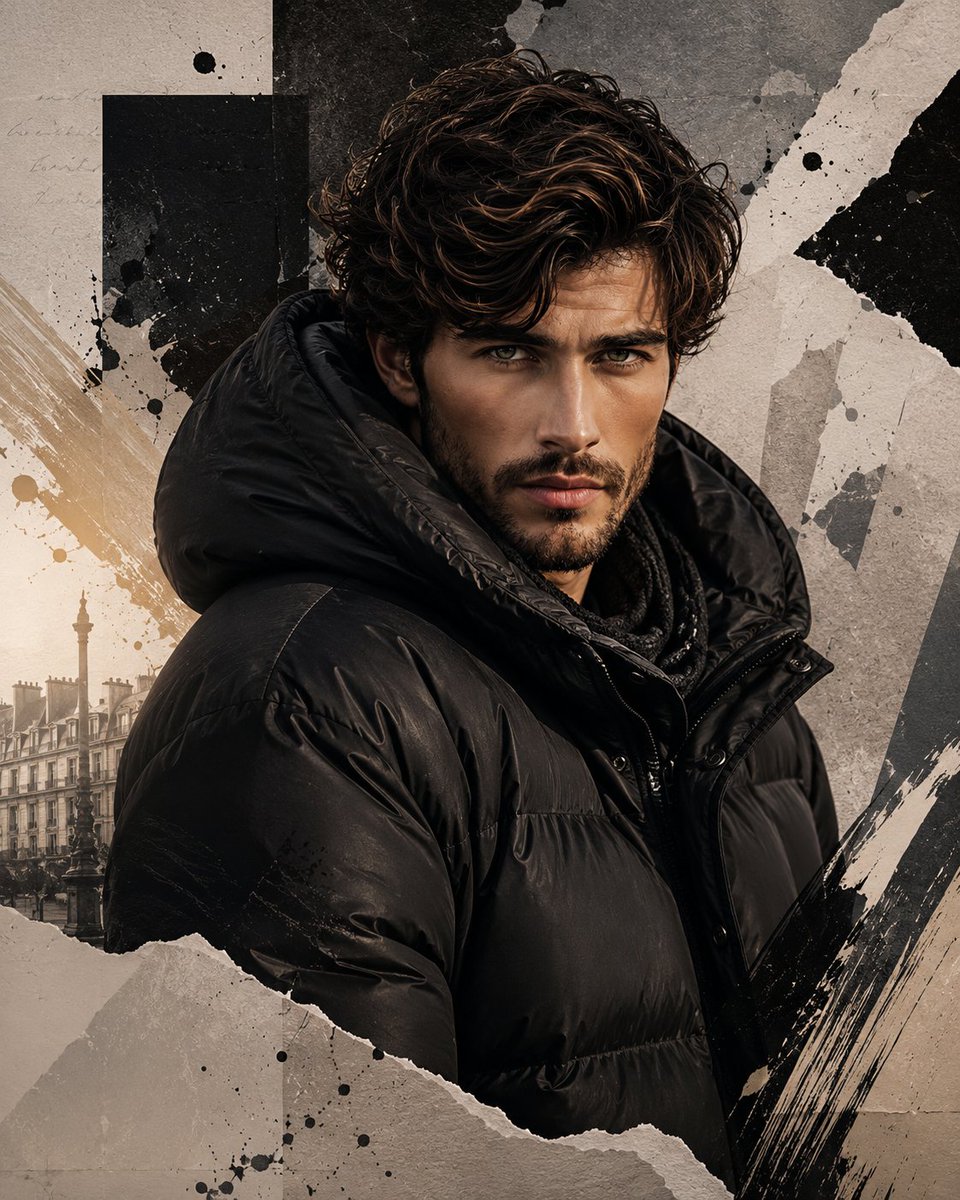 Model wears oversized sculptural puffer jacket in luxury editorial portrait