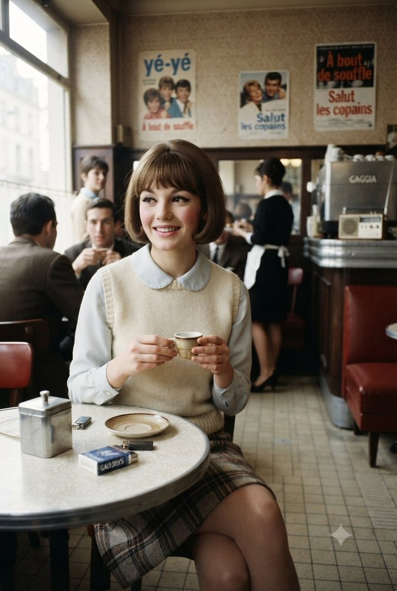 Young woman in preppy outfit smiles in retro Paris café