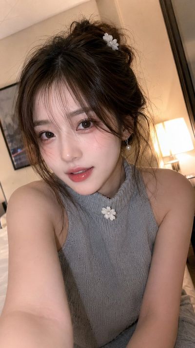 East Asian woman in gray sweater smiles softly in warm bedroom