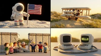 Knitted astronauts plant a flag on a soft wool moon