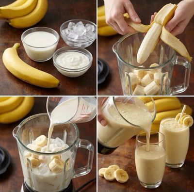 Ripe bananas and creamy yogurt blend into a smoothie on rustic wood.