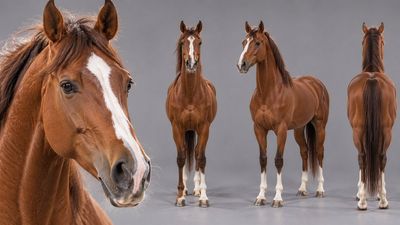 Chestnut Arabian Horse Poses in Gray Studio Reference Chart