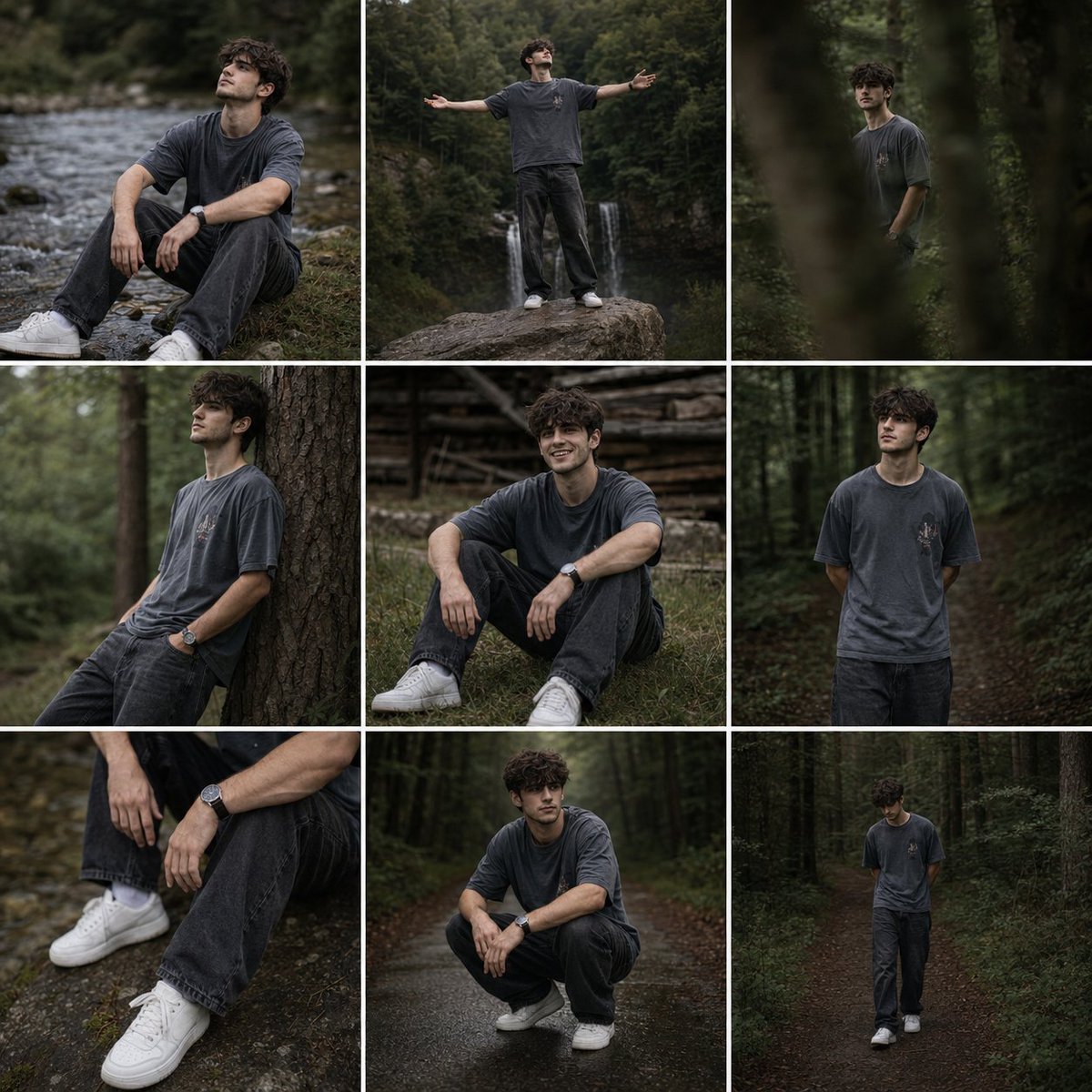 A young man sits by a riverbank in a peaceful forest