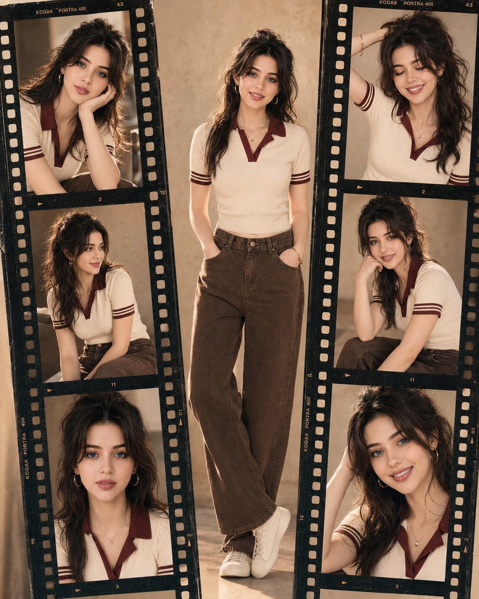 Vintage film strip collage portrait of a cheerful woman in retro style
