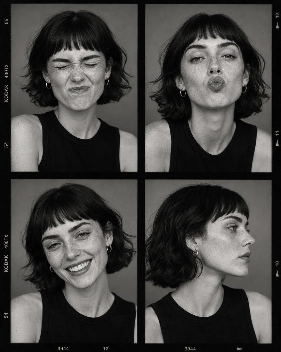 Four intimate portraits capture a model's diverse expressions in monochrome