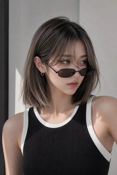 East Asian model in black tank top with frameless glasses looking away