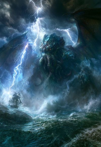 Cthulhu rises from stormy sea as lightning illuminates dark sky.
