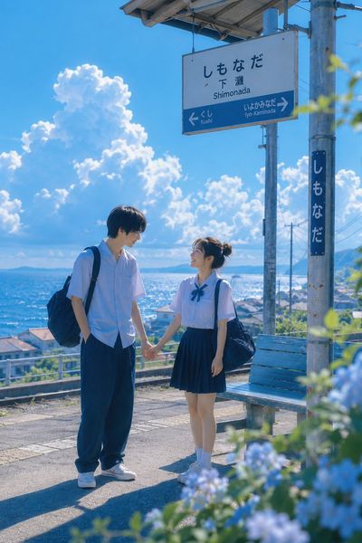 Two teenagers share a quiet moment at a rural seaside bus stop